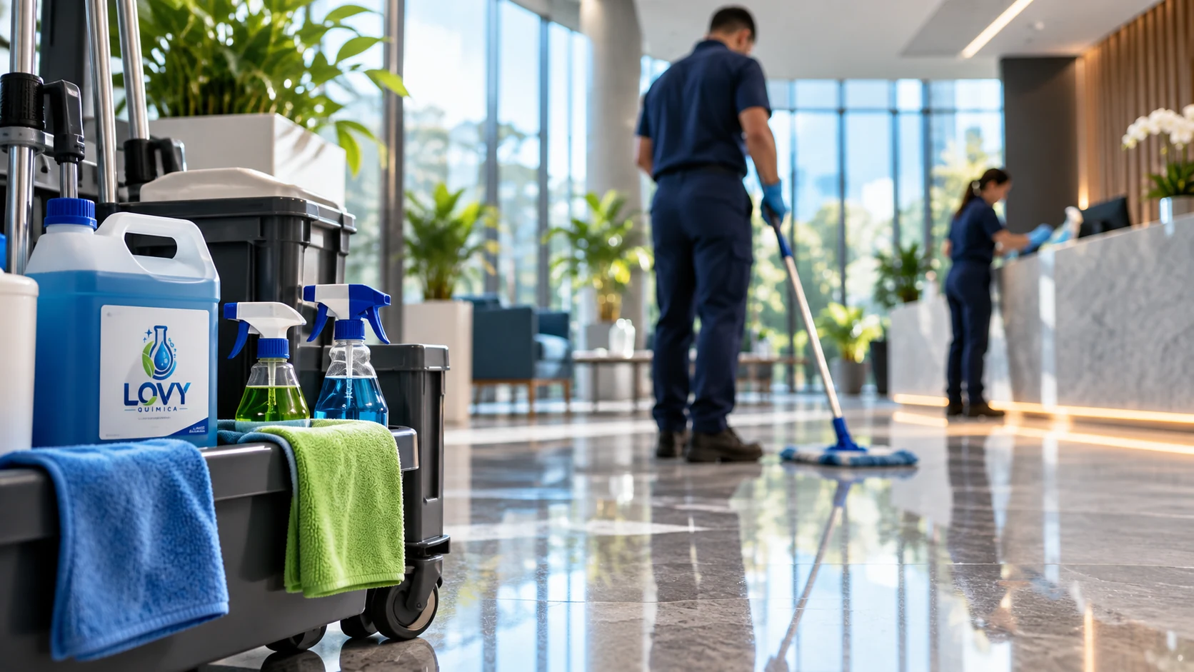 Produtos Lovy em uma operação de limpeza profissional